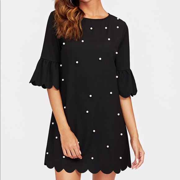 SHEIN Dresses & Skirts - Shein Black Dress with Pearls & Scalloped Hem